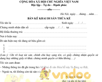 Mẫu kê khai di sản thừa kế Mẫu văn bản kê khai nhận di sản thừa kế