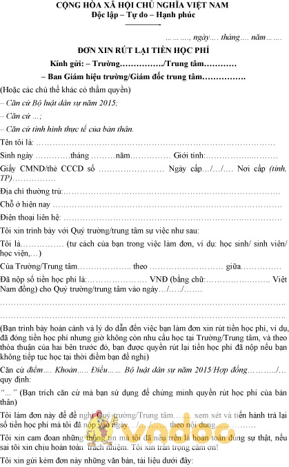 Mẫu đơn xin rút lại tiền học phí HoaTieu vn