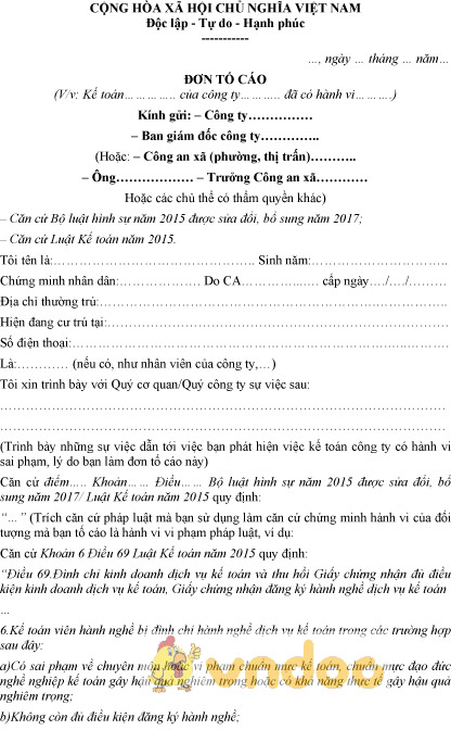 Mẫu đơn tố cáo kế toán sai phạm thongtinaz net