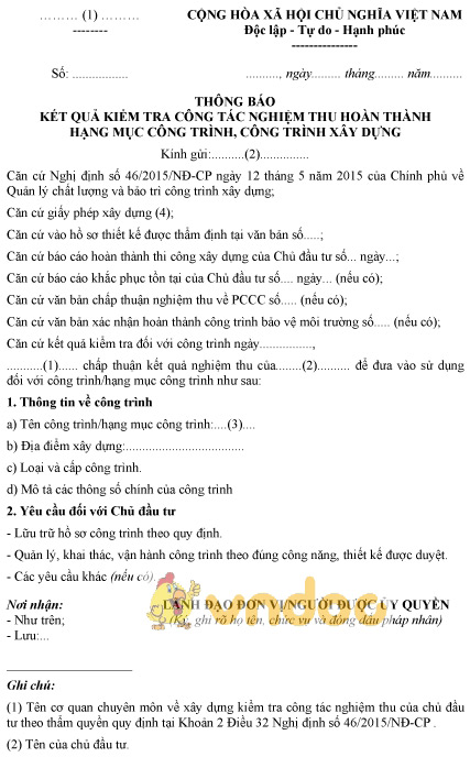 M U Th Ng B O K T Qu Ki M Tra C A C Quan Chuy N M N V X Y D Ng I V I Vi C Nghi M Thu