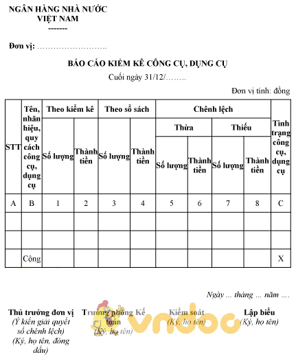 Mẫu báo cáo kiểm kê công cụ dụng cụ của ngân hàng nhà nước HoaTieu vn