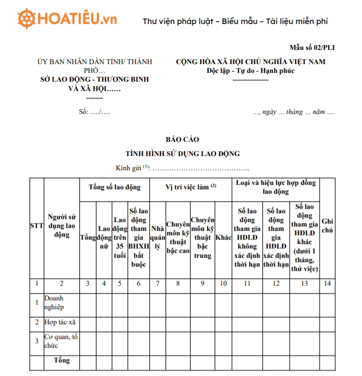 Mẫu 02 PLI Báo cáo tình hình sử dụng lao động HoaTieu vn