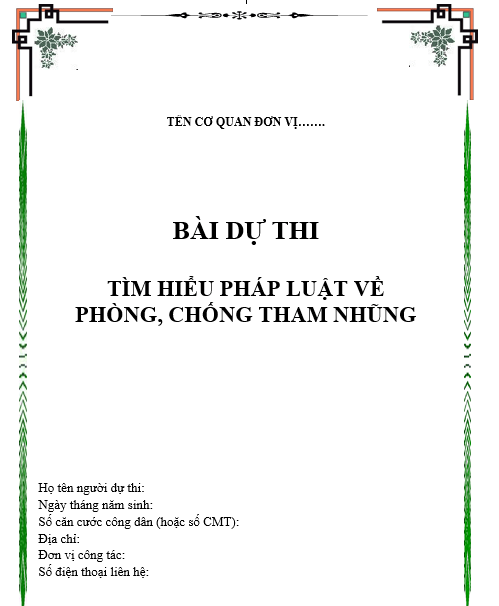 Mẫu bìa bài dự thi tìm hiểu pháp luật về Phòng chống tham nhũng 2024