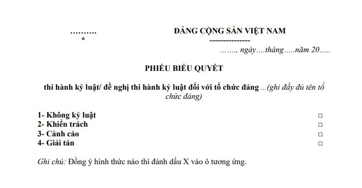 Mẫu Phiếu Biểu Quyết đề Nghị Thi Hành Kỷ Luật đối Với Đảng Viên 2023