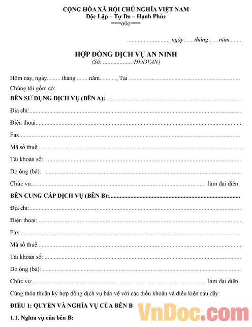 Hợp Đồng Dịch Vụ An Ninh - Mẫu Hợp Đồng Dịch Vụ An Ninh - Hoatieu.Vn