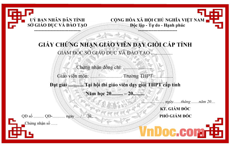 Mẫu giấy chứng nhận giáo viên dạy giỏi cấp tỉnh