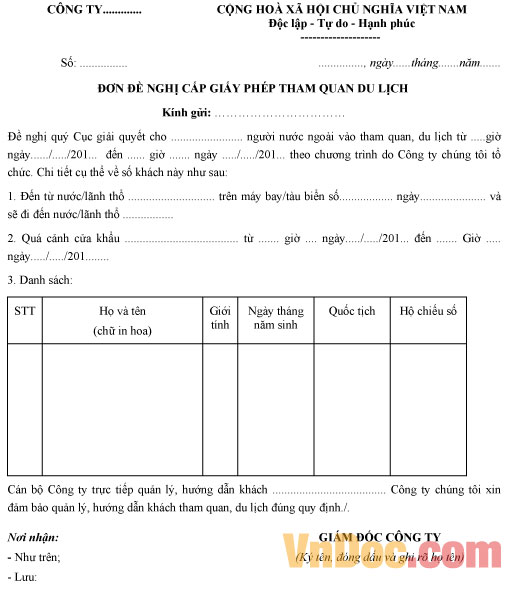 Mẫu Đơn Đề Nghị Cấp Giấy Phép Tham Quan Du Lịch Dành Cho Công Ty Du