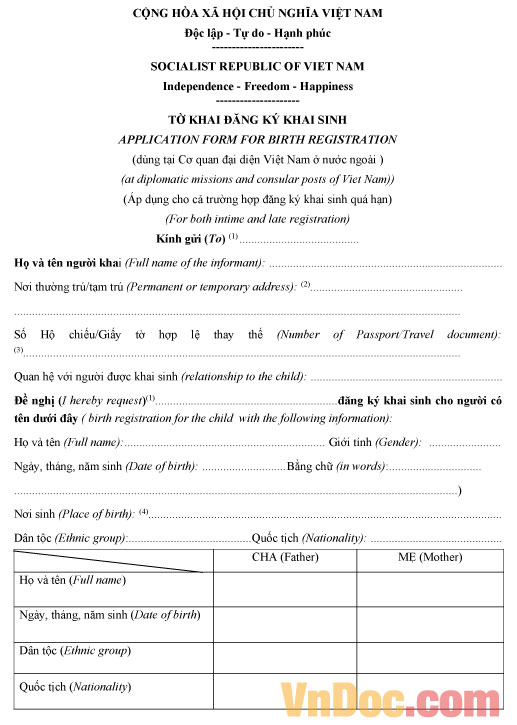 Tờ khai đăng ký khai sinh tại cơ quan đại diện Việt Nam ở nước ngoài