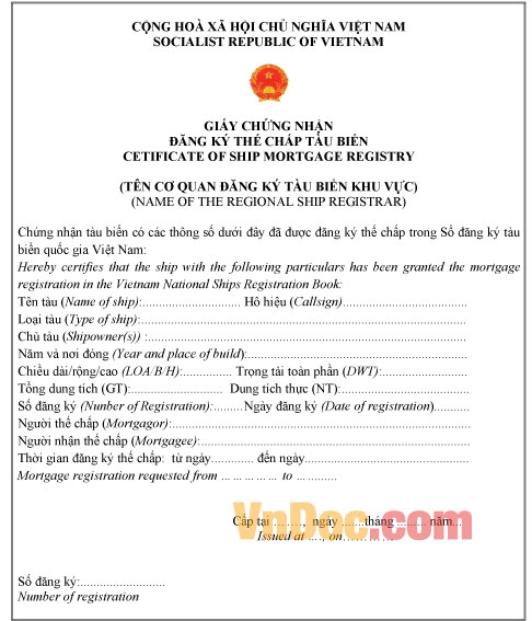Phụ lục X: Giấy đăng ký thế chấp tàu biển