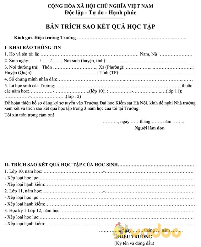 Bản trích sao kết quả học tập Mẫu xác nhận kết quả học tập của học sinh