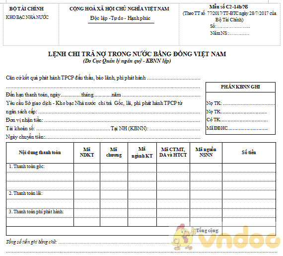 Photo of Mẫu C2-14b/NS lệnh chi trả nợ trong nước bằng đồng Việt Nam (do Cục Quản lý ngân quỹ, KBNN lập)
