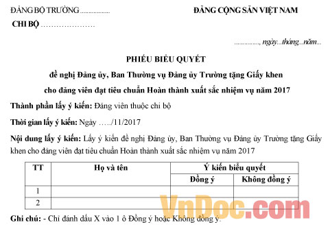 Mẫu Phiếu Biểu Quyết Đề Nghị Đảng Ủy Trường Khen Thưởng Đảng Viên -  Thongtinaz.Net