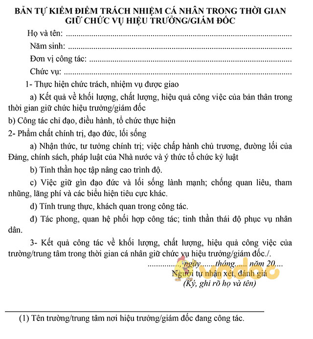 Bản kiểm điểm trách nhiệm cá nhân trong thời gian giữ chức vụ hiệu ...