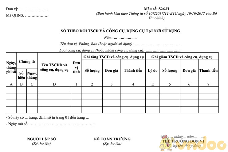 Mẫu S26-H: Sổ Theo Dõi Tài Sản Cố Định, Công Cụ Dụng Cụ - Hoatieu.Vn