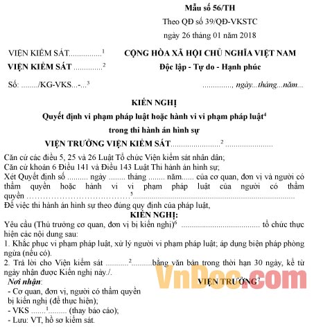 Mẫu Số 56/Th: Kiến Nghị Quyết Định Vi Phạm Pháp Luật Trong Thi Hành Án Hình  Sự