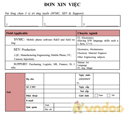 Mẫu đơn xin việc vào Samsung