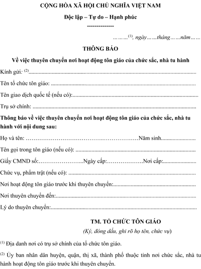 Mẫu Thông Báo Thuyên Chuyển Nơi Hoạt động Tôn Giáo Của Chức Sắc Nhà Tu Hành