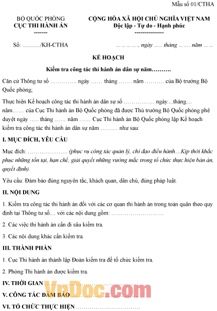 Mẫu Số 01/Ctha: Kế Hoạch Kiểm Tra Công Tác Thi Hành Án Dân Sự