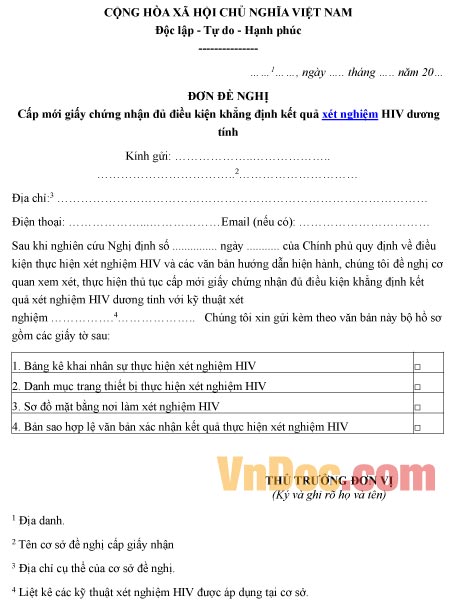Mẫu đơn đề nghị cấp mới giấy chứng nhận khẳng định kết quả xét nghiệm HIV dương tính