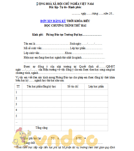 Đơn xin lịch học chương trình thứ hai