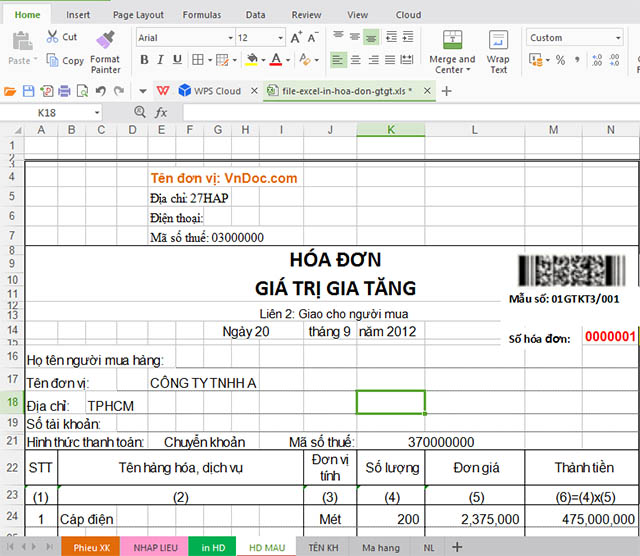 Mẫu file Excel viết hóa đơn GTGT