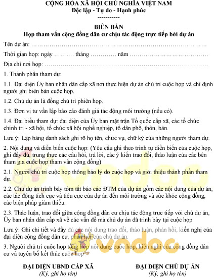 Mẫu Biên Bản Họp Tham Vấn Cộng Đồng Dân Cư Chịu Tác Động Trực Tiếp Bởi Dự Án