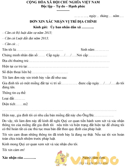 Mẫu đơn xin xác nhận vị trí địa chính - Đơn xin xác nhận vị trí địa chính
