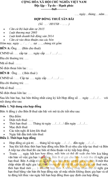 Mẫu Hợp Đồng Thuê Sân Bãi - Hoatieu.Vn