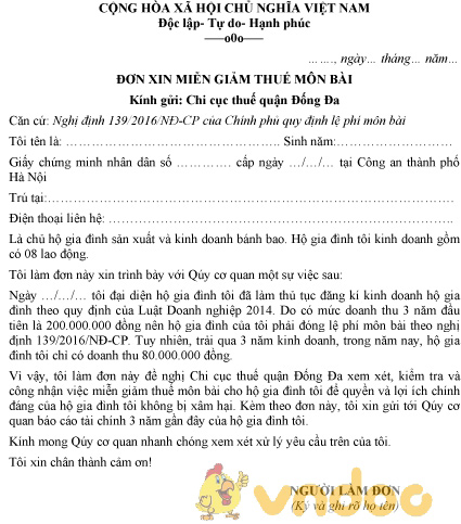 Mẫu đơn xin miễn giảm thuế môn bài - HoaTieu.vn