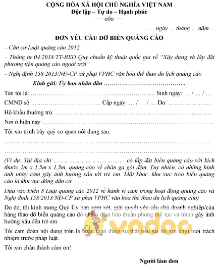 Mẫu đơn yêu cầu dỡ biển quảng cáo - thongtinaz.net