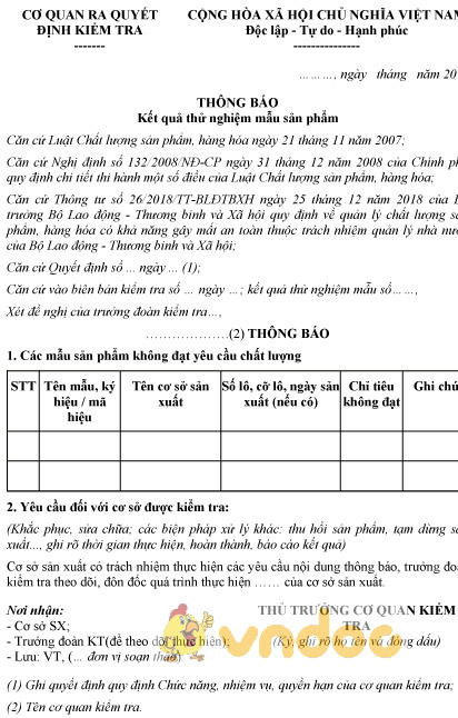 Mẫu thông báo kết quả thử nghiệm mẫu sản phẩm thongtinaz net