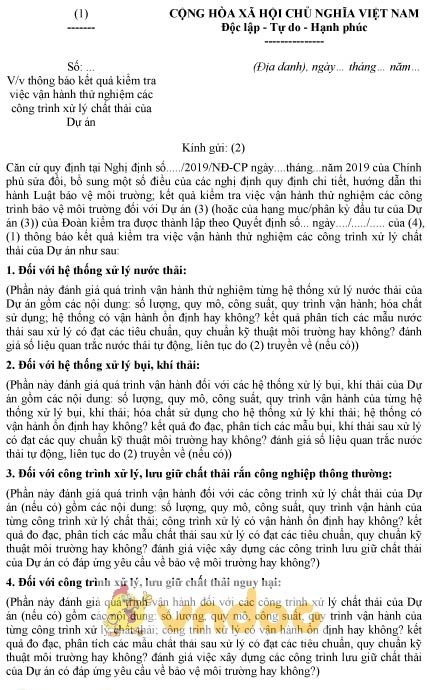 Mẫu thông báo kết quả kiểm tra vận hành thử nghiệm công trình xử lý chất thải của dự án Tass care