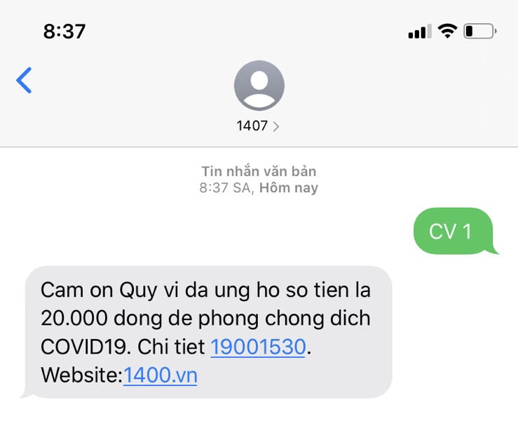 Nhắn tin ủng hộ phòng dịch Covid19