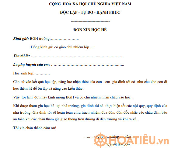 Mẫu đơn Xin Học He Tiểu Học đơn Xin Học Them Hoatieu Vn