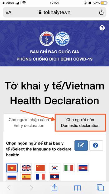Giao diện chính khai báo y tế