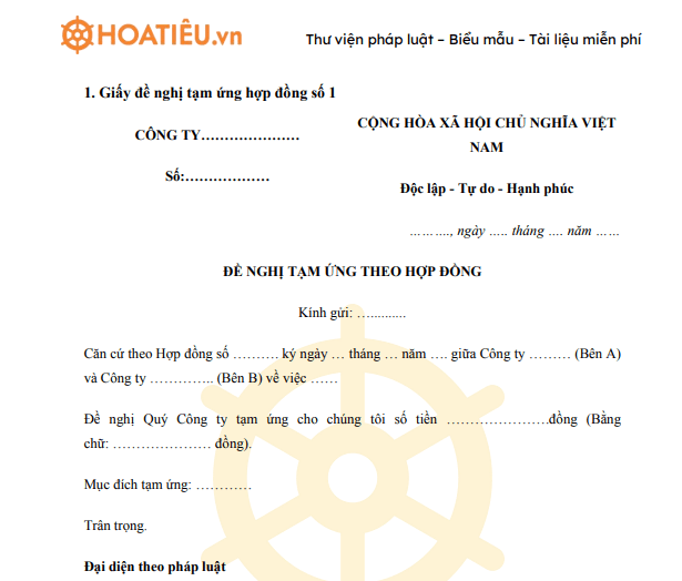 Giấy đề nghị tạm ứng hợp đồng - Mẫu giấy đề nghị tạm ứng tiền theo ...