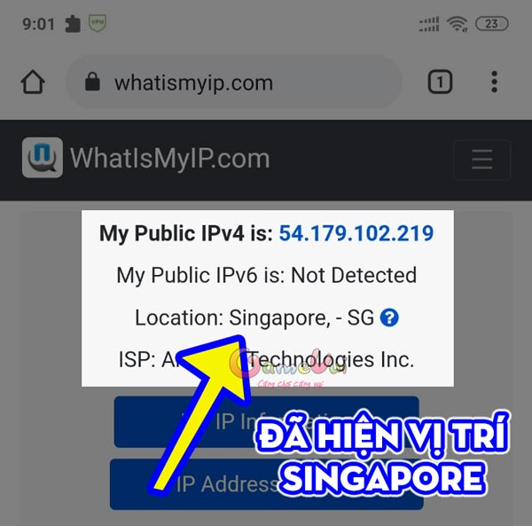 Show location: Singapore nghĩa là quá trình fake IP đổi VPN thành công