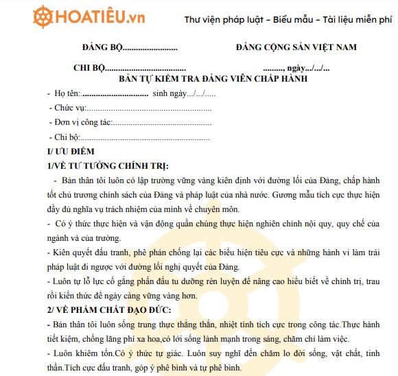 Bản tự kiểm tra đảng viên chấp hành 2022