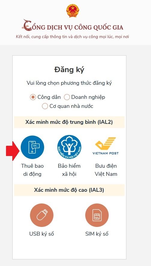 Đăng ký dịch vụ công quốc gia
