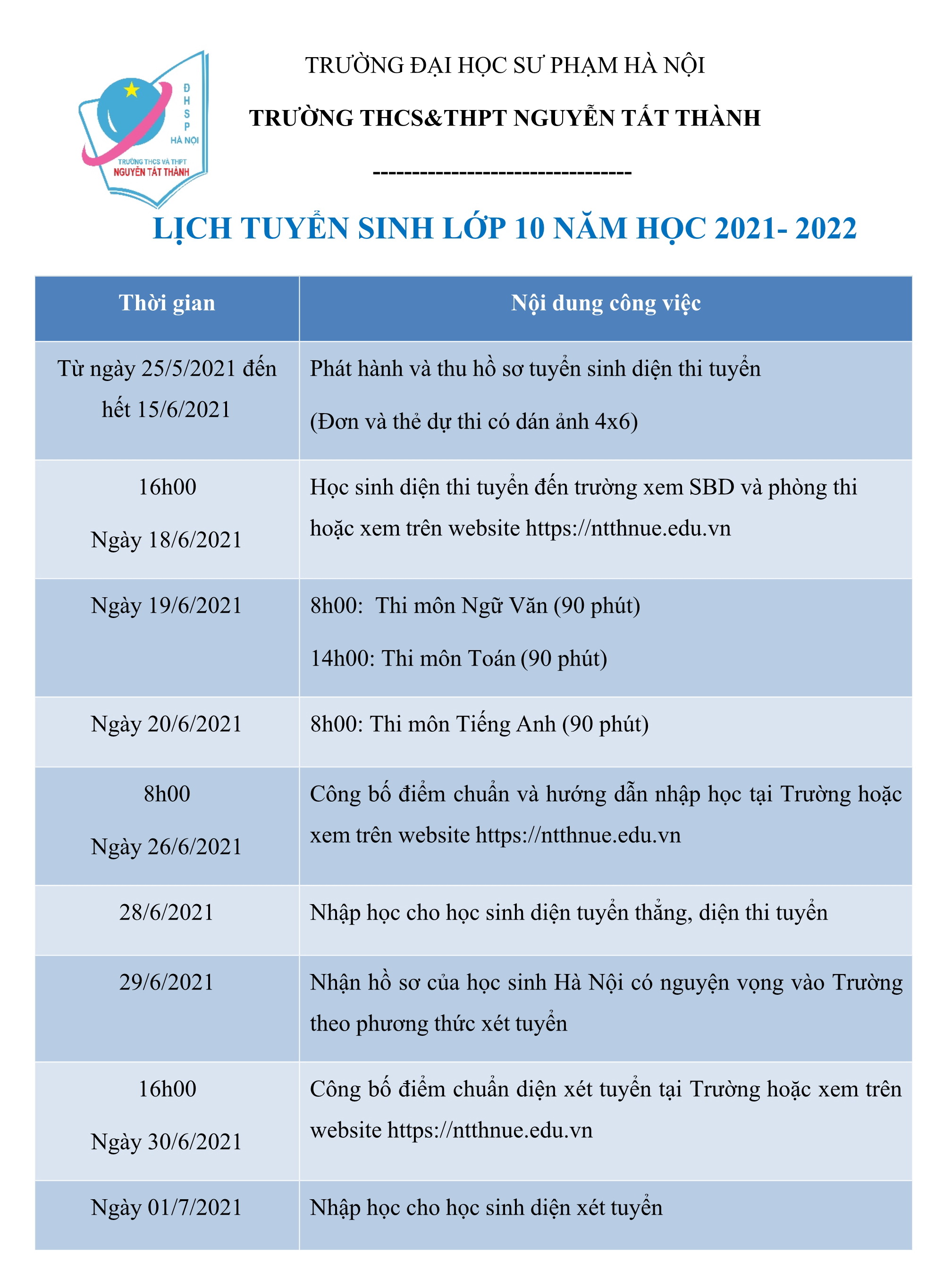 Lịch tuyển sinh Nguyễn Tất Thành 2021