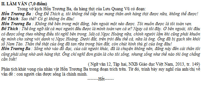 Đáp án đề thi môn Văn tốt nghiệp THPT quốc gia năm 2015