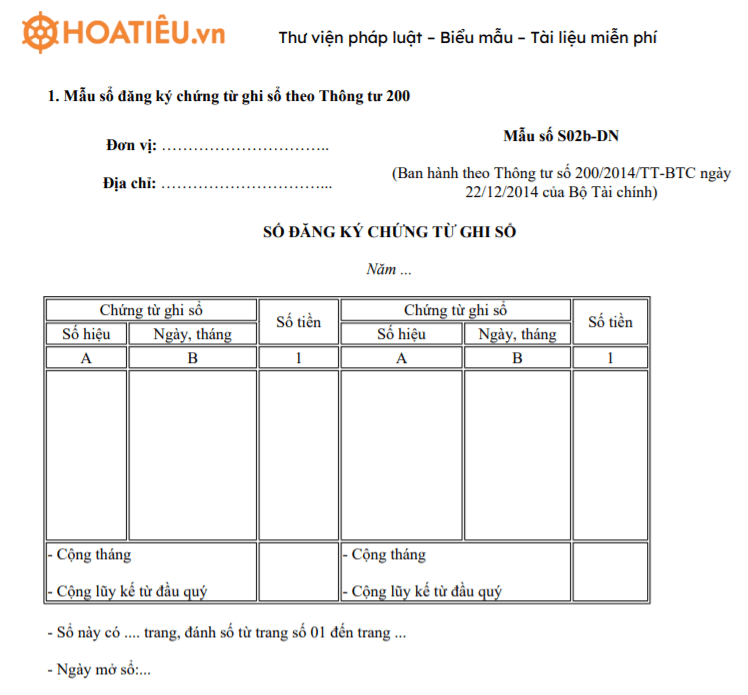 Sổ Đăng Ký Chứng Từ Ghi Sổ - Mẫu S02B-H, Mẫu S02B-Dn - Hoatieu.Vn