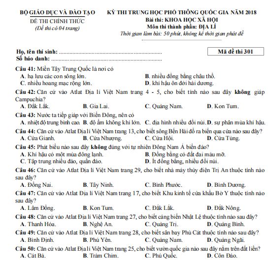 24 mã đề thi THPT quốc gia 2024 môn Địa Đề thi THPT quốc gia môn Địa 2024