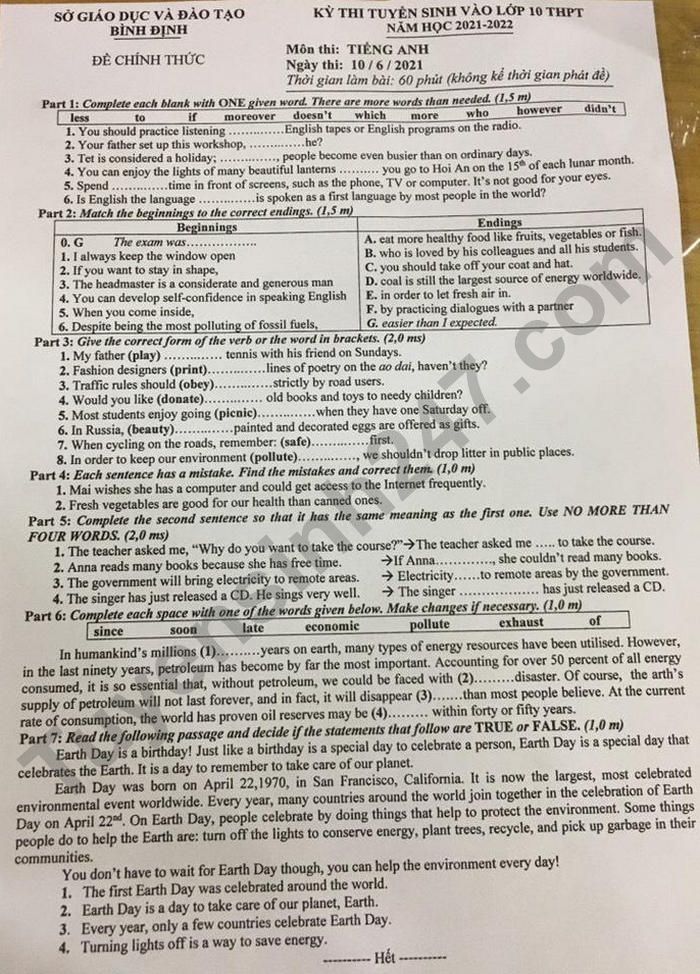 Đáp án đề thi tuyển sinh lớp 10 môn Anh Bình Định 2022