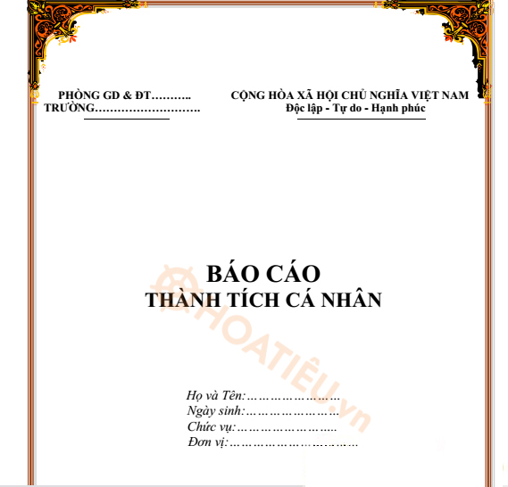 Mẫu bìa báo cáo thành tích cá nhân