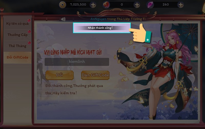Nhập thành công Nhập code Yêu linh giới