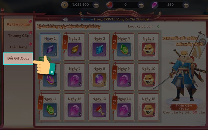 Chọn tab Giftcode Nhập code Yêu linh giới