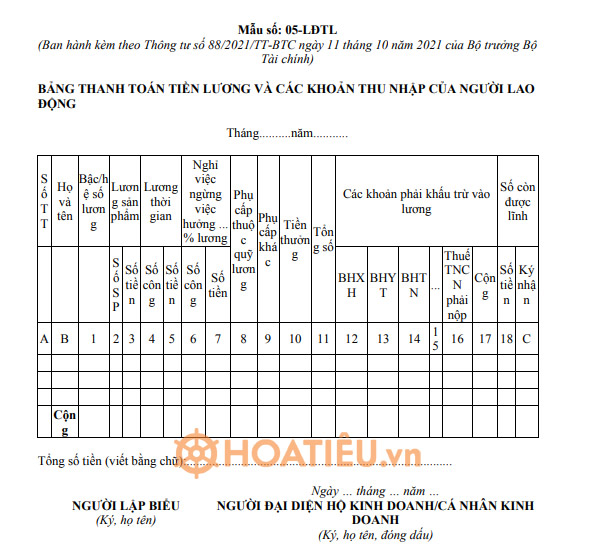 Bảng Thanh Toán Tiền Lương Và Các Khoản Khu Nhập Của Người Lao động