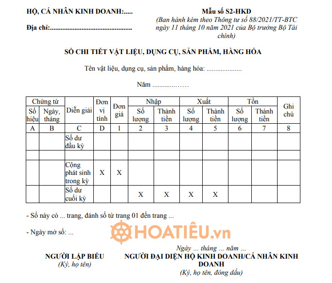 Mẫu S2-HKD: Sổ chi tiết vật liệu, dụng cụ, sản phẩm, hàng hóa