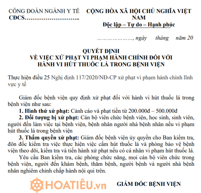 Quyết định Xử Phạt Vi Phạm Hành Chính Hành Vi Hút Thuốc Lá Trong Bệnh Viện